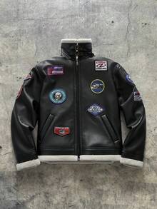 AXEPEAK Chaqueta de cuero PU con forro térmico y decoración de cremallera, de moda para hombres