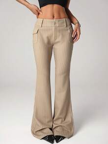 SHEIN ICON Casual Striped Low-Waist Pocket Skinny Flare Pants Striped Pants Women Bell Bottom Pants - Brown - View 6