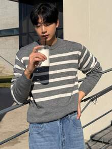 DAZY Men's Gray Striped Crew Neck Sweater, Autumn - Grey - View 7
