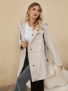 Rosumi Plus Size Women's Solid Color Long Sleeve Single-Breasted Casual Hooded Trench Coat, Casual Minimalist Style For Everyday Wear,Going Out, Hooded Long Coat For Women, Women Trench Coat With Hood,Fall Clothes For Women