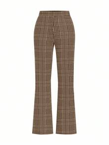 Ellevyn Elegant Women's Plaid Printed Elastic Knitted Pants, Versatile For Various Occasions Such As Summer Vacation, Elegant Travel, And Daily Commuting,Fall,Fall Clothes For Women,Women's Winter Clothes Business Casual Woman Pants - Brown - View 3