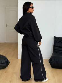 Coolane Women's Fall/Winter Streetwear Athleisure Cargo Going Out Casual Corta Vento Reflective Lapel Coat And Parachute Pants Cargo Pants,2pcs Y2k - Black - View 7