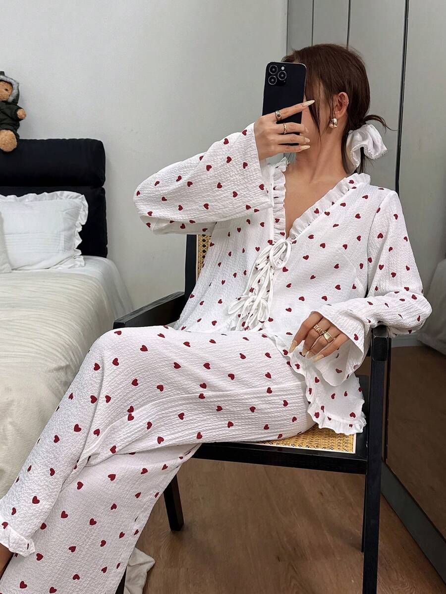 SHEIN Bộ đồ ngủ họa tiết trái tim lãng mạn cỡ lớn, quần áo mùa thu và mùa đông - trắng - Xem 1