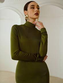ZEYLAH 女士修身高领针织连衣裙，简约风格，秋冬款 - 綠色 - 查看 2