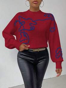 SHEIN LUNE 女士休闲 3D 图案毛衣，秋冬 - 酒紅色 - 查看 5