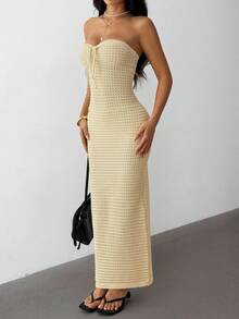 SHEIN PETITE 钩针编织夏季浪漫度假紧身手工钩针抹胸连衣裙，适合约会、度假、休闲优雅日常穿着，秋冬季皆宜。 - 杏色 - 查看 6