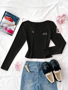 SHEIN Teen Girls' Solid Color Crew Neck Fitted Casual Cropped Long Sleeve T-Shirt Winter Long Sleeve Tops - Black - View 4