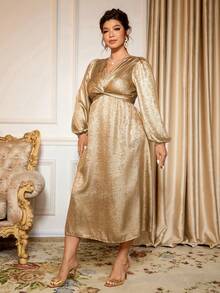 Cravure 加大码女式纯色缎面 V 领灯笼袖系带高开衩荷叶边下摆长裙，适合优雅派对 - 金色 - 查看 4