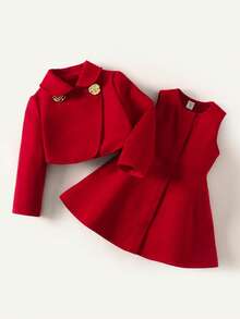 Maija Kids Classic Fashion Versatile Party & Casual Elegant Minimalist Wine Red Stiff Woolen Collar Short Jacket With Metal Rose Button Decor, Paired With Round Neck Sleeveless Simple Waist Dress, Casual Elegant Suit Suitable For Christmas