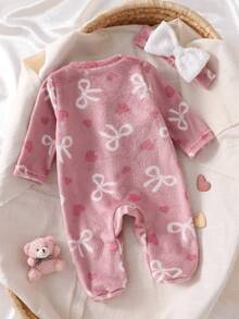 1件新生儿粉色毛绒蝴蝶结长袖连体衣和发带套装，舒适睡衣，适合秋冬季新生儿礼物 - 粉色 - 查看 2