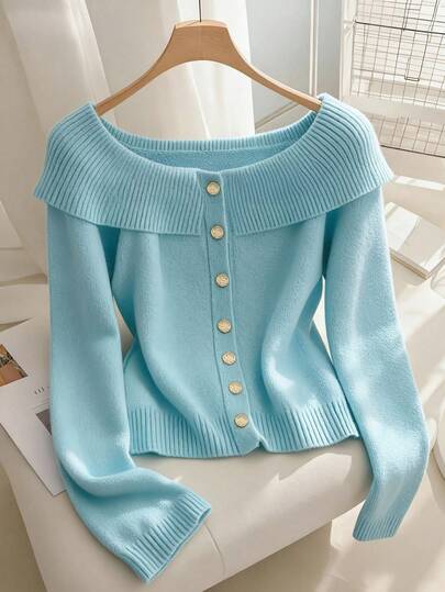 GlowEve CURVE 大码简约优雅露肩纽扣长袖开衫