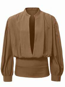 Manfinity AFTRDRK Áo sơ mi nam tay dài cổ chữ V sâu màu trơn gợi cảm - Màu Khaki - Xem 8
