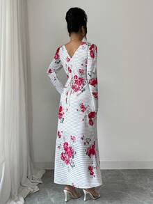Rafferiza Women's Long Polka Dot Floral Print V-Neck Waist Cinched Dress - White - View 2