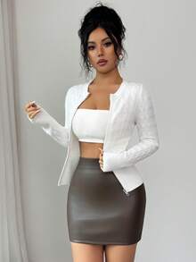 SHEIN Elenzya Women's Stylish Twist Knit Simple Chic Short Zipper Cardigan Sweater, Long Sleeve, Autumn/Winter - White - View 5