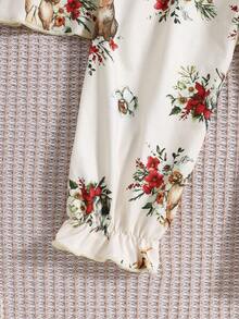 SHEIN 2pcs Baby Girl Bow Lace Trim Collar Yellow Rabbit Print Long Sleeve Top And Pants Pajama Set