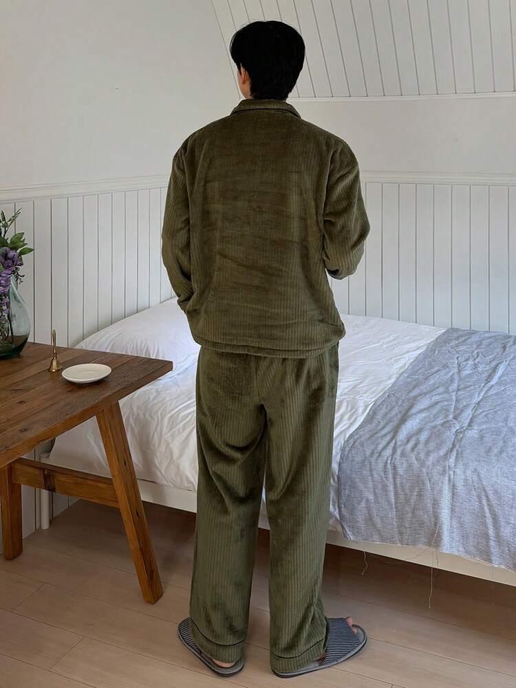 Men's Thermal Lined Letter Embroidered Shirt & Military Green Pajama Set, Autumn/Winter