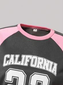 SHEIN 两件套少女运动休闲套装，撞色圆领字母印花卫衣和阔腿裤 - 粉色 - 查看 5