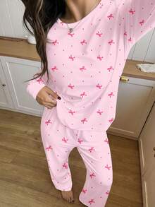 2件套少女波点蝴蝶结印花休闲宽松圆领长袖T恤和长裤睡衣套装，适合所有季节居家穿着，浅粉色 - 彩色 - 查看 4