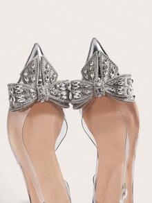 Enchnt 2025 年秋冬女士水钻蝴蝶结装饰尖头细高跟 PVC 鞋，适合优雅迷人的派对和情人节舞会，优雅，女士浅口鞋 - 銀色 - 查看 3