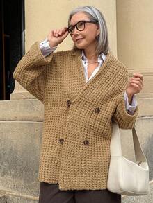 Vivie Lora Damen Einfarbige Strickjacke mit Knopfdesign, Drop-Shoulder, Lange Ärmel, Lässig, Herbst/Winter - Khaki - Übersicht 6