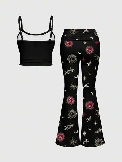 Goth Gothic Dark Palace Mysterious Cross Heart Teardrop Gemstone Sexy Camisole & Flared Low Waist Pants Women 2 Pieces Set