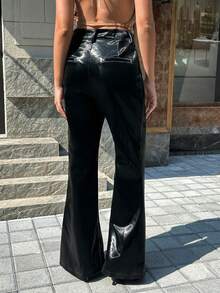 SHEIN Unity 女士修身喇叭黑色PU皮口袋裤 - 黑色 - 查看 2