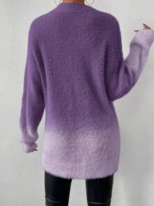 SHEIN LUNE Áo len dệt kim dáng rộng cổ tròn tay dài hở vai màu ombre dành cho nữ, mùa thu/đông - Màu tím - Xem 2