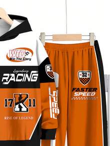 2pcs Tween Boy Casual Chic Racing Sport Print Long Sleeve Hoodie And Sweatpants Set, Comfortable For Autumn/Winter - Multicolor - View 5