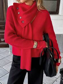 SHEIN PariChic Roter abnehmbarer Schal Schlankheits-Pullover, Herbst/Winter