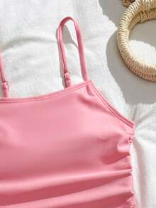 Tween Girls Tankinis, Pink Solid Color With Drawstring And Bow Design, Adjustable Straps, Sweet, Cute And Elegant, Suitable For Vacation, Beach, Pool, Surfing - Pink - View 3