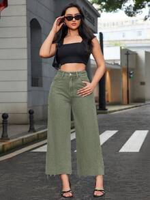 SHEIN ICON Plus Size Women High Waist Wide Leg Personalized Fashion Cropped Jeans - Army Green - View 4