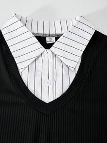 SHEIN 这是一款青春靓丽、修身显瘦的条纹连体裤套装，领口采用黑白撞色拼接设计，巧妙地融合了三角连体裤的元素，打造出别致的造型。这套休闲百搭的春季日常穿搭，是日常休闲的理想之选。黑色针织连体裤，剪裁合身，春季可单穿，秋冬季可搭配外套穿着。 - 黑色 - 查看 4