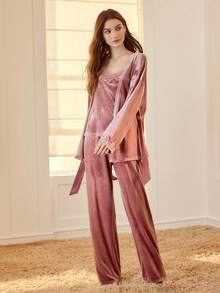 MOTF PREMIUM 3PCS CONTRAST LACE VELVET PAJAMA SET - Dusty Pink - View 1