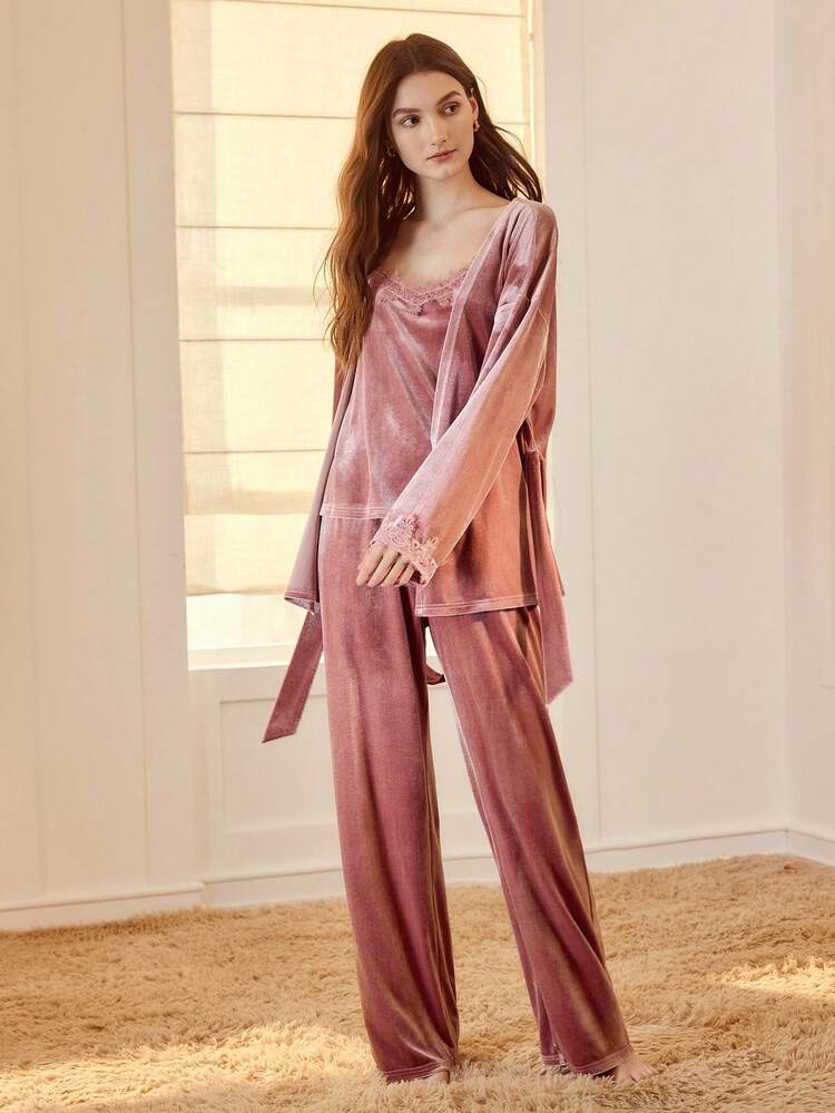 3 PIÈCES ENSEMBLE DE PYJAMA EN VELOURS AVEC DENTELLE CONTRASTÉE