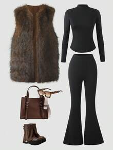 Tween Mädchen Outfit, bestehend aus lässiger, ärmelloser, flauschiger Weste, kombiniert mit einem langärmeligen, stehkragenförmigen, figurbetont gestrickten Oberteil und weiten Hosen. 2 Stücke Outfit, geeignet für den Outdoor-Bereich - Schwarz - Übersicht 3
