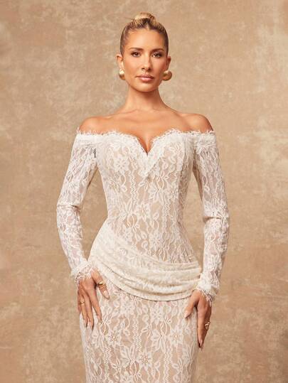 Lumalex 女士露肩蕾丝褶皱鱼尾长袖连衣裙