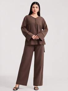 Veilorie Women's Contrast Lace V-Neck Drop Shoulder Long Sleeve Shirt And Pants Casual 2-Piece Set - Brown - View 2