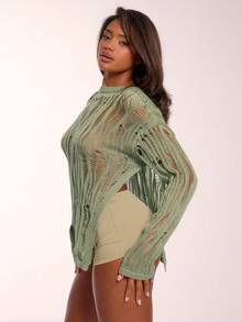 MUSERA Pulover asimetric tricotat cu aspect uzat, bluze cu mânecă lungă, vacanță, vară, Y2k, grunge, festival, boho, concert, Ibiza, supradimensionat, aeroport, toamnă, iarnă, întâlnire, Crăciun, serviciu, birou, petrecere, Ziua Recunoștinței, șic