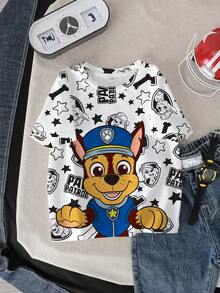 SHEIN | PAW Patrol 男童休闲日常通勤时尚卡通狗和星星字母图案短袖T恤，夏季 - 白色 - 查看 1