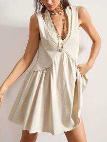 Bohemela 休闲纯色针织V领宽松女式迷你连衣裙 - 杏色 - 查看 3