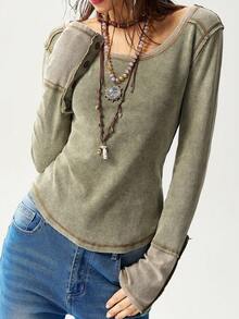 Bohemela Áo thun nữ cổ tròn tay dài ôm vừa vặn - màu xanh lá - Xem 7