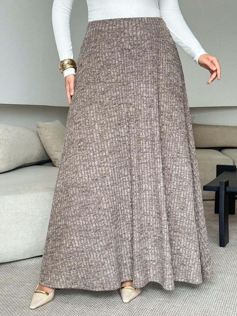 Lacomfia Plus Size Women Casual High Waist Loose Knit Textured Waist Cinched Skirt, Versatile For Autumn/Winter - Coffee Brown - View 1