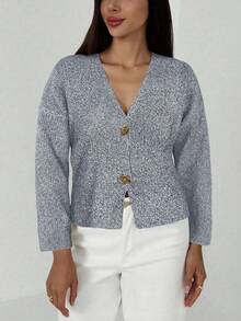 Aloruh New Simple And Fashionable Office Commuting Deep V Neck Long Sleeve Slim Button Cardigan, Versatile Casual Knitted Sweater In Fall/Winter - Grey - View 3