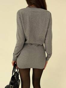 Aloruh Grey Casual Sexy Deep V-Neck Long Sleeve Loose Top & Tight Mini Dress For Women - Grey - View 2