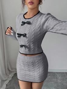 Elenzga 2件套 女士扭绳针织撞色滚边优雅毛衣上衣+修身半裙，秋冬款 - 灰色 - 查看 4