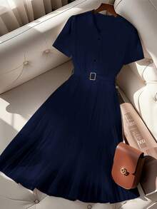 SHEIN Clasi 时尚新款高端法式简约褶皱雪纺polo领短袖连衣裙夏季