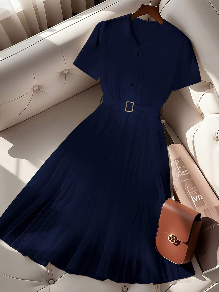 SHEIN Clasi 时尚新款高端法式简约褶皱雪纺polo领短袖连衣裙夏季