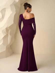 Coutiva Elegantes, schulterfreies Meerjungfrauen-Abendkleid für Damen (aufwendig bestickt), mit Strasssteinen besetztes, transparentes, schwarzes Abendkleid, auch als Hochzeitsgastkleid, elegantes Abendkleid, Ballkleid, tailliertes und figurformendes Kleid, Partykleid, formelles Kleid, lila Abendkleid, schulterfreies Abendkleid, pflaumenfarbenes Kleid, langärmeliges formelles Kleid, sexy und elegant - Rot-violett - Übersicht 2