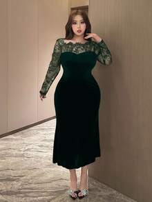 Dazy Plus Plus Size Women's Velvet Contrast Lace Bodycon Party Dress, Sexy & Stretchy For Dates Elegant Women Dresses Prom Dress - Dark Green - View 7