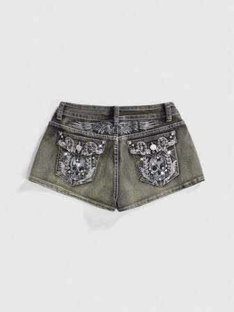 ROMWE Avant Shorts di jeans super corti da donna in stile vintage Y2K con ricamo di teschio alato